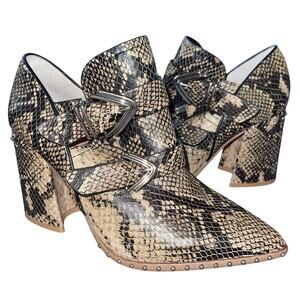 Snakeskin Boots Block Heel Buckle Studs Point Toe